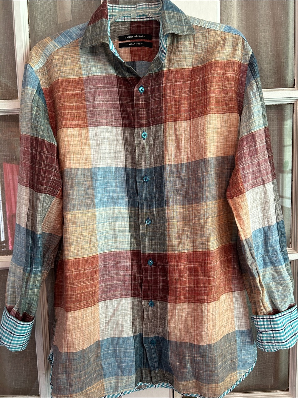 Hammer Made Plaid Button Long Sl 100% Linen Shirt Contrast Cuff Trim Untuck M